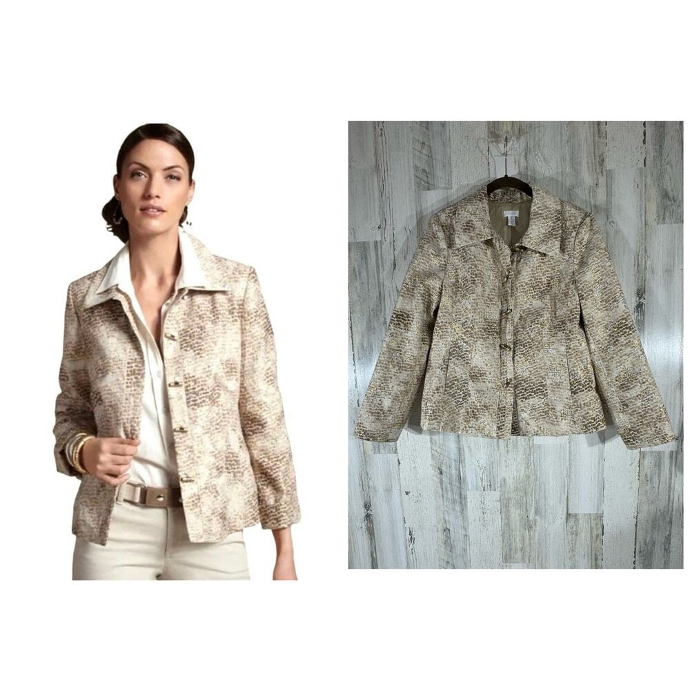 Chicos Jacket Size 1 Medium Tan‎ Brown Gold Abstract Metallic Silk Blend Lined